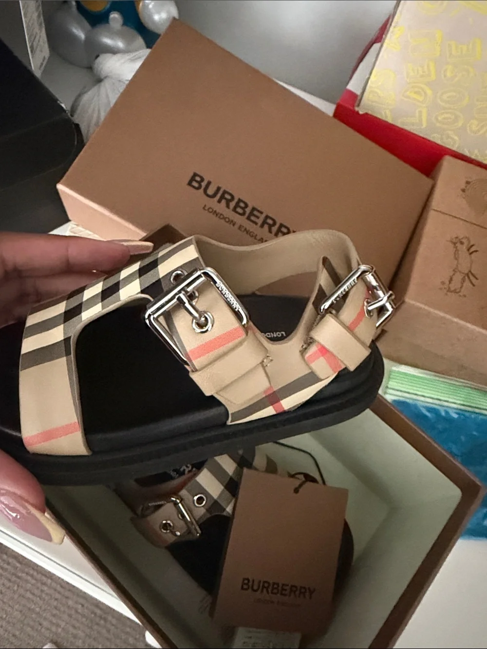 Burberry Beige Nova Check Kids Sandals with Black Footbed